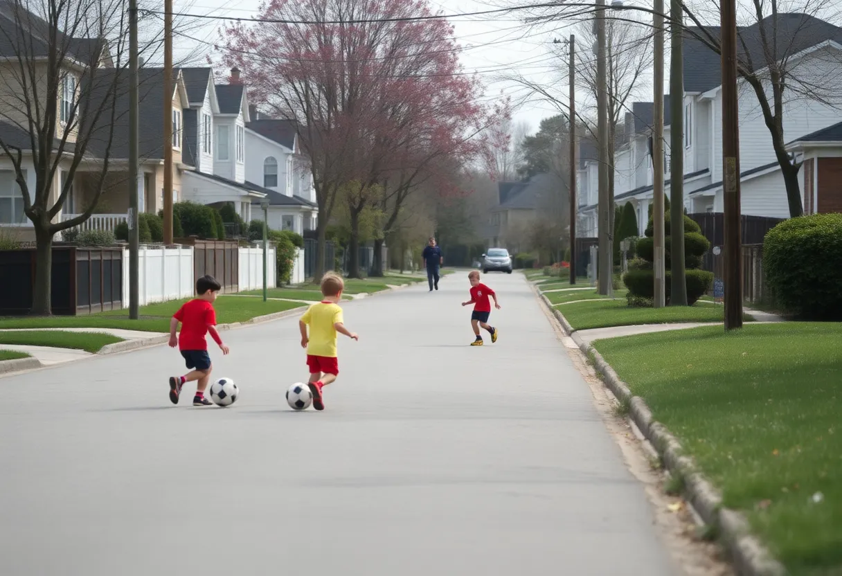 A safe neighborhood where children play soccer.
