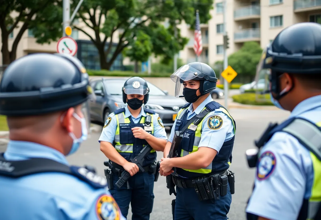Police officers engaging in a community safety exercise