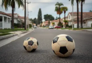 Neighborhood street in Escondido, California with a soccer ball