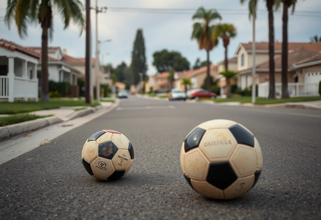 Neighborhood street in Escondido, California with a soccer ball