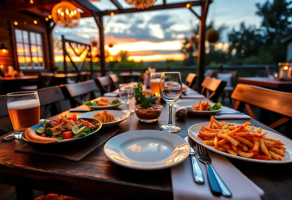 Dining table at LuckyBolt with farm-to-table dishes and local brews