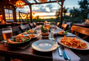 Dining table at LuckyBolt with farm-to-table dishes and local brews
