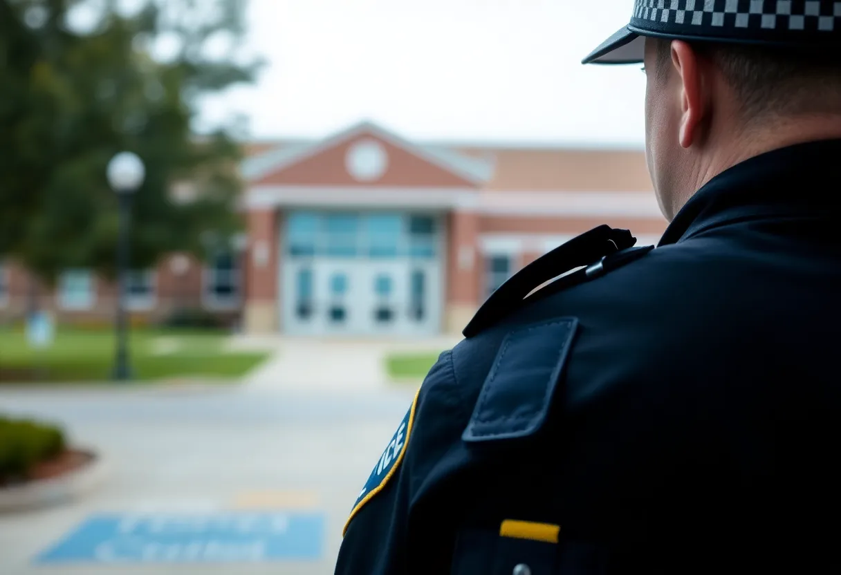 Police officer with a school backdrop illustrating excessive force concerns