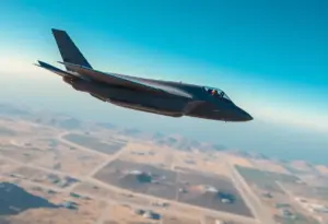 F-35 fighter jet in flight over military base