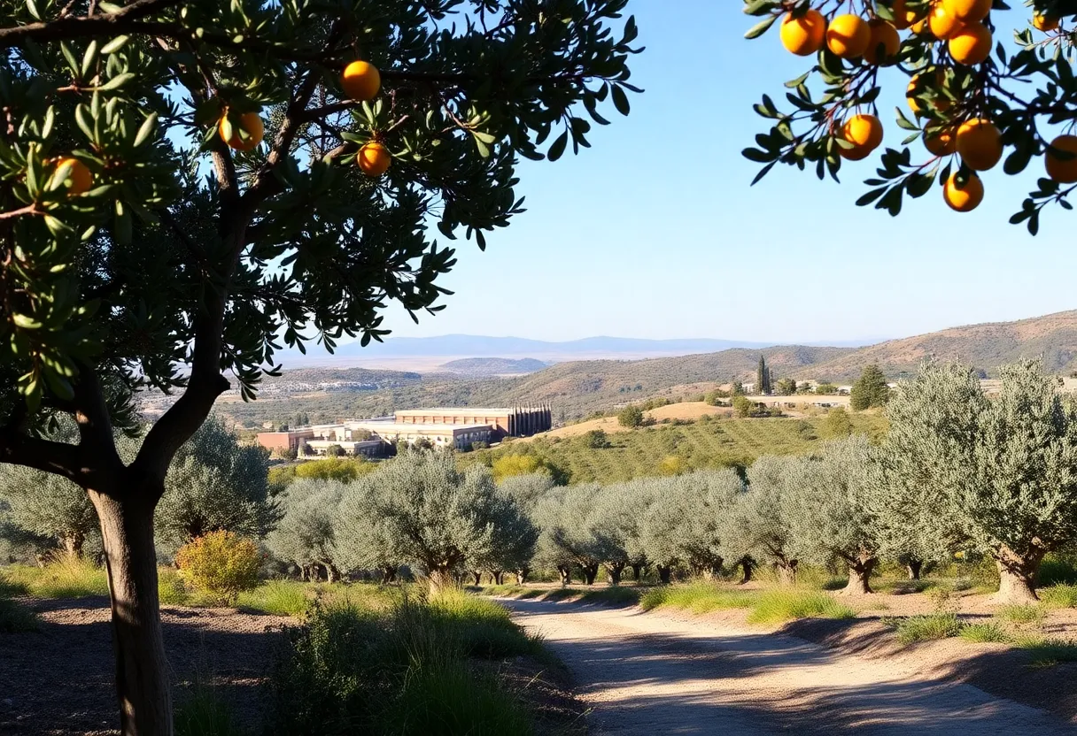 Scenic view of Fallbrook, California with olive trees and citrus groves