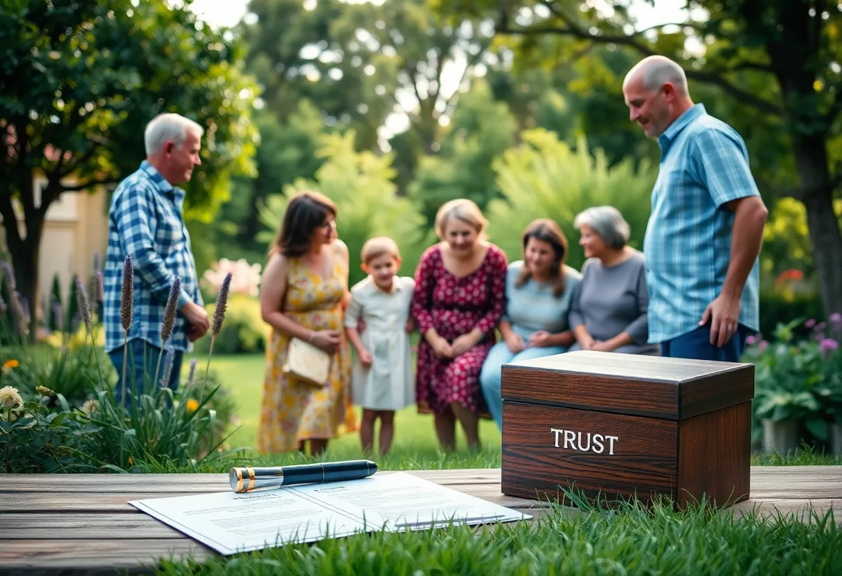 A family discussing estate planning documents in a garden.