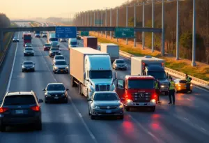 Scene of a fatal multi-vehicle crash on I-805 with a big rig and emergency responders
