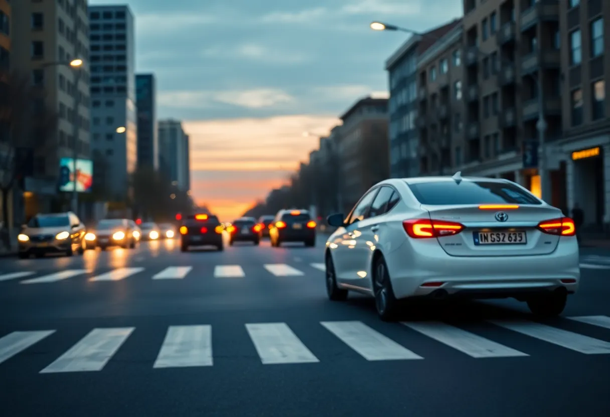 Urban street scene with pedestrian and blurred car