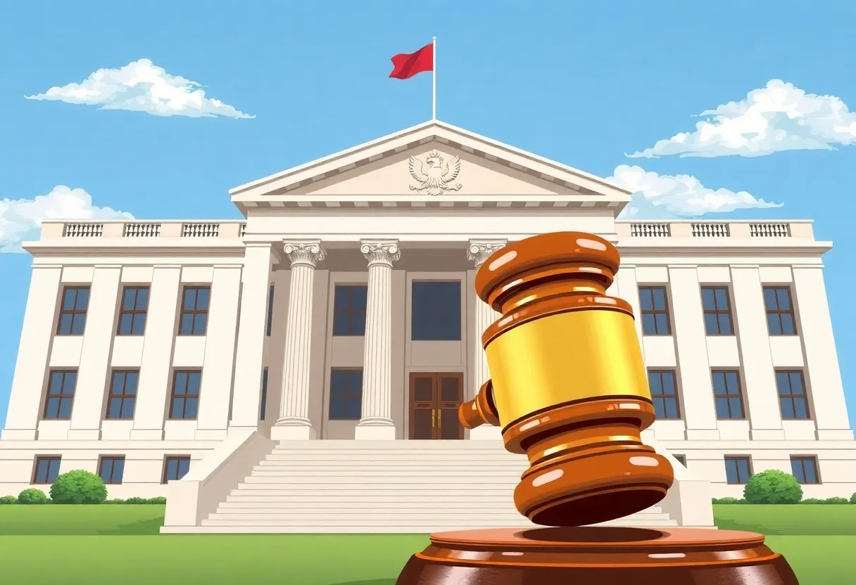 Federal courthouse in San Diego with a gavel symbolizing legal decisions.