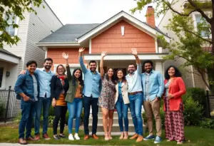 Group of diverse first-time homebuyers in front of a house