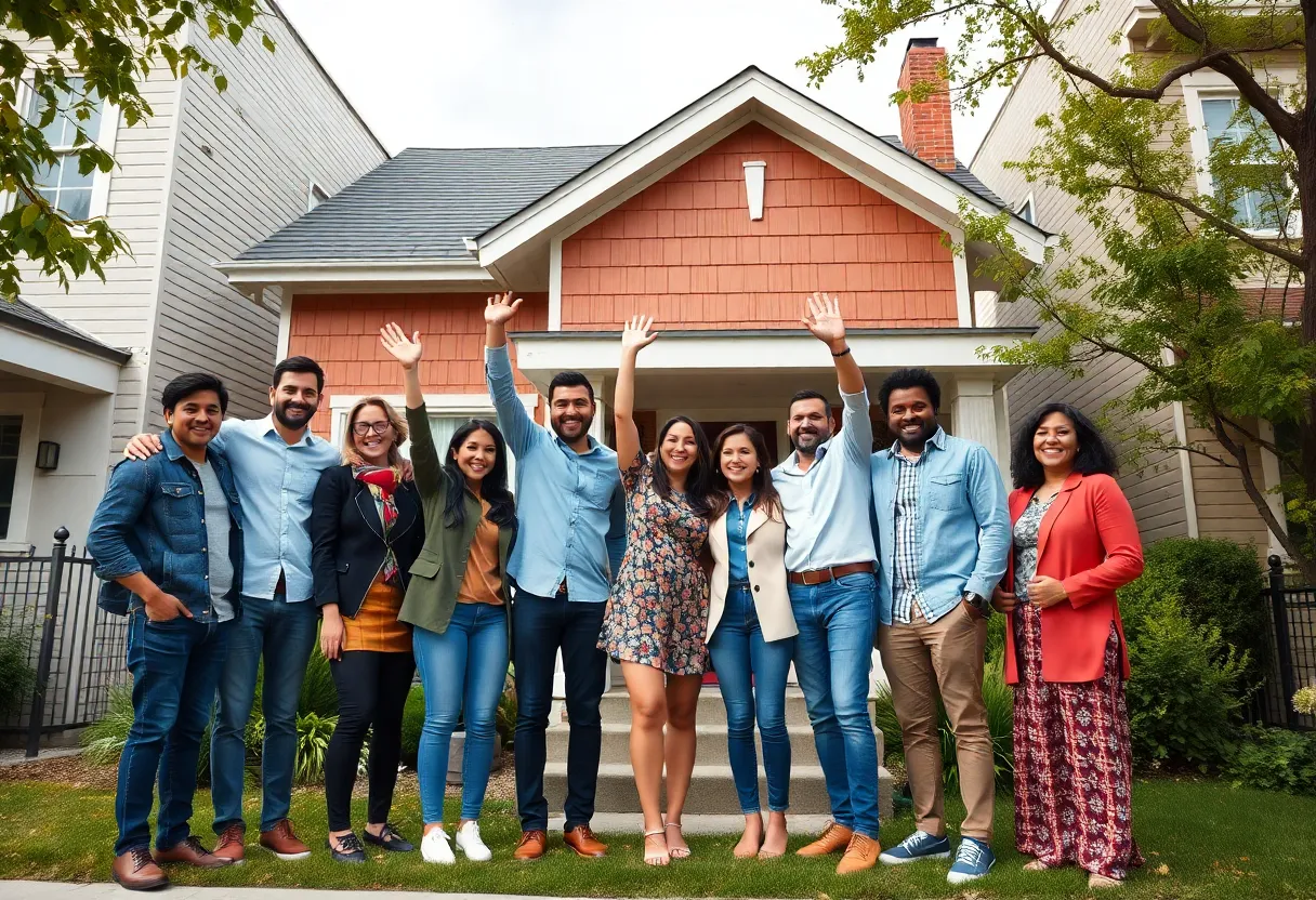 Group of diverse first-time homebuyers in front of a house