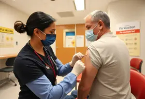 A healthcare professional giving a flu vaccine