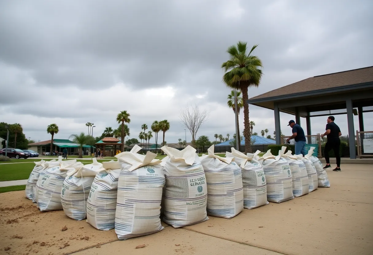 Residents collecting free sandbags at a San Diego recreational center