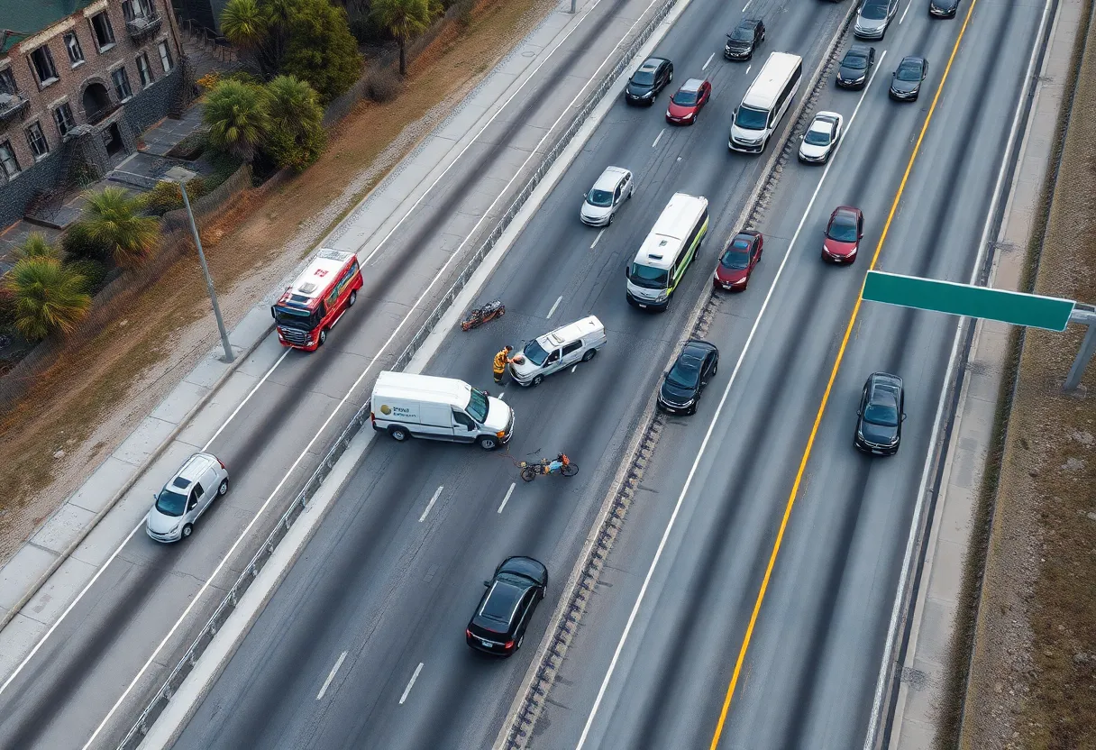 Aerial view of a freeway crash with emergency responders attending to the scene.