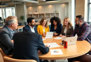 Business owners consulting on liquor licensing in a modern office setting