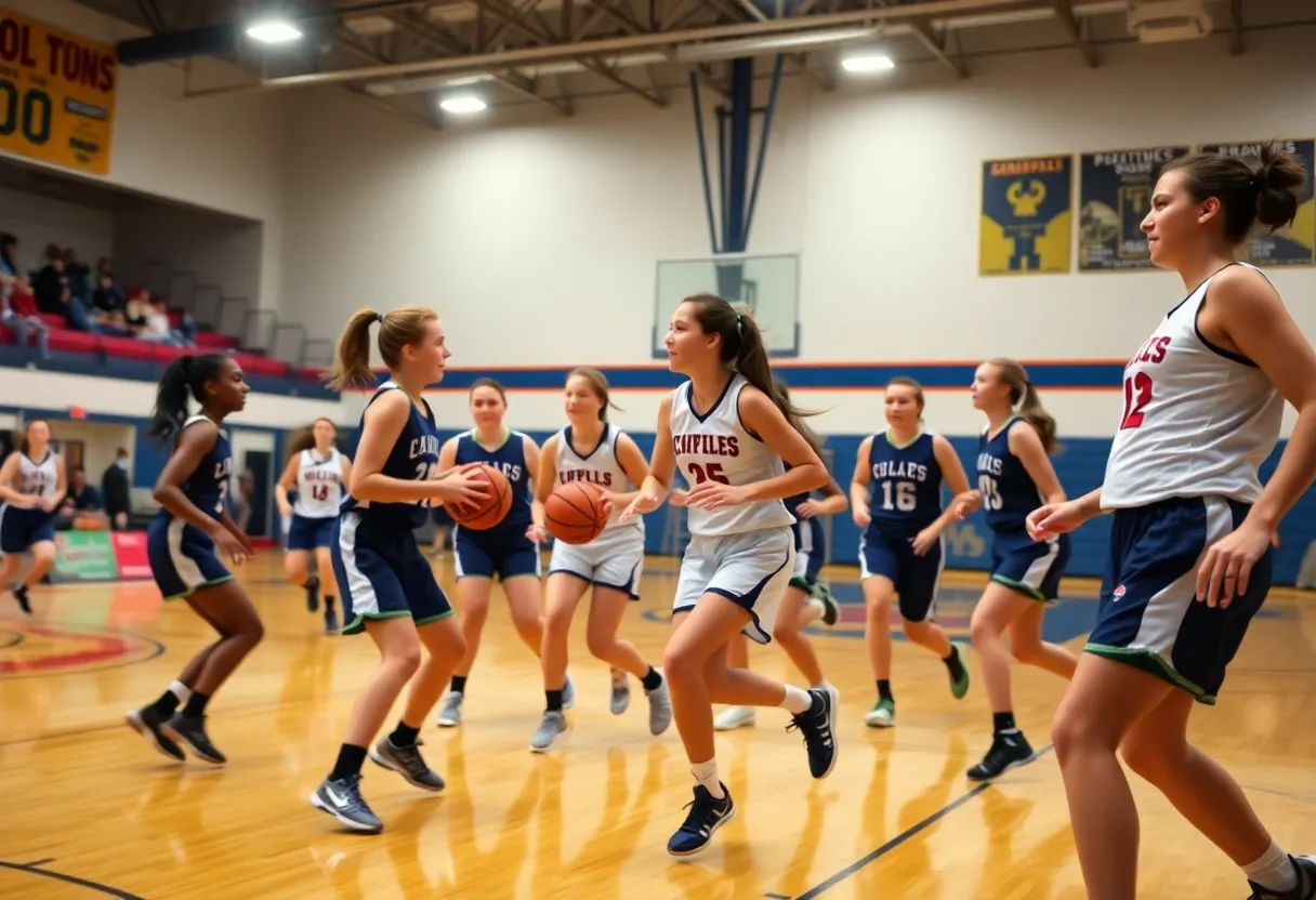 Girls' basketball players competing during a high school game.