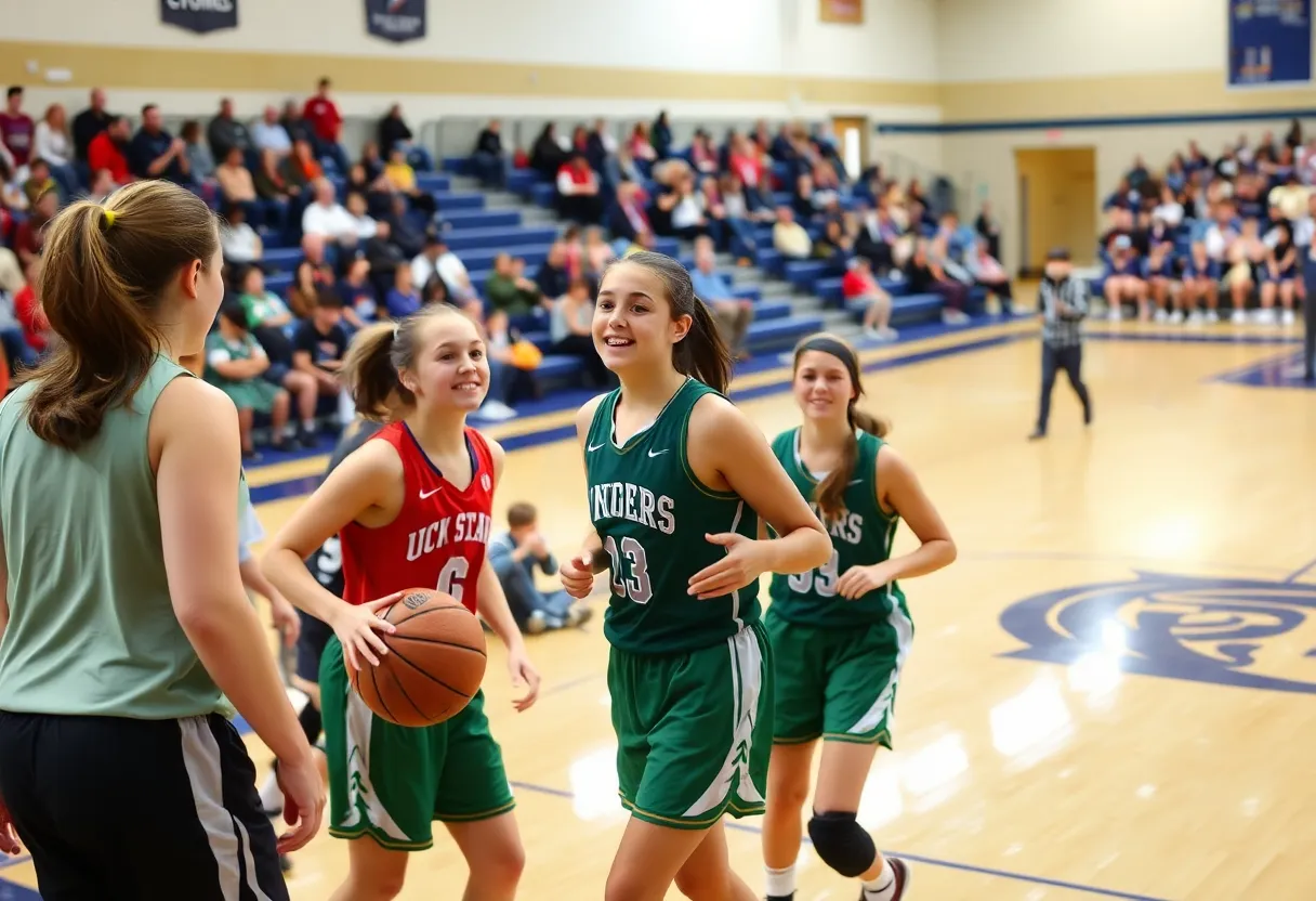 High school girls' basketball players in action during a San Diego game