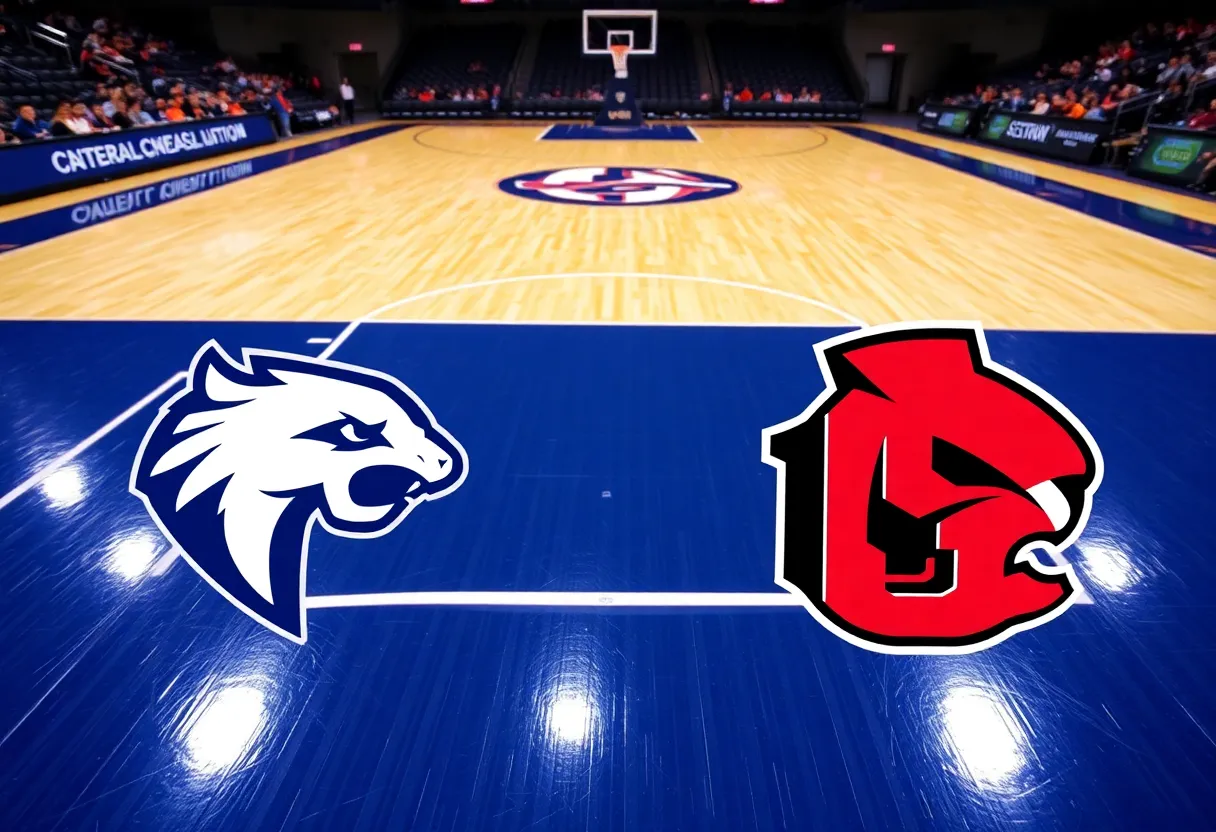 Basketball court showcasing Gonzaga and Utah State logos