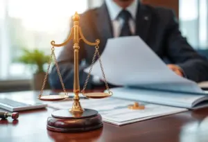 Illustration of corporate investigation with scales of justice.