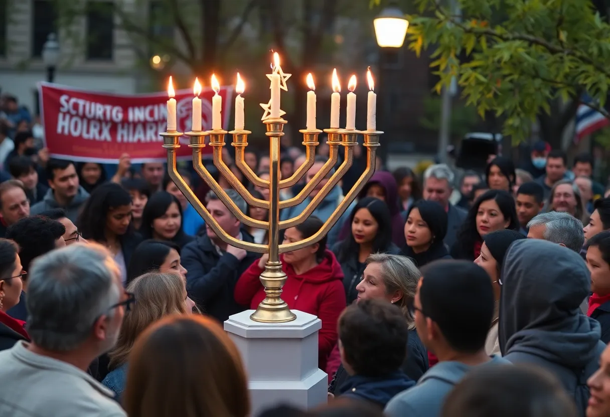 Community members gathering at the menorah lighting ceremony in San Diego, symbolizing unity against hate.