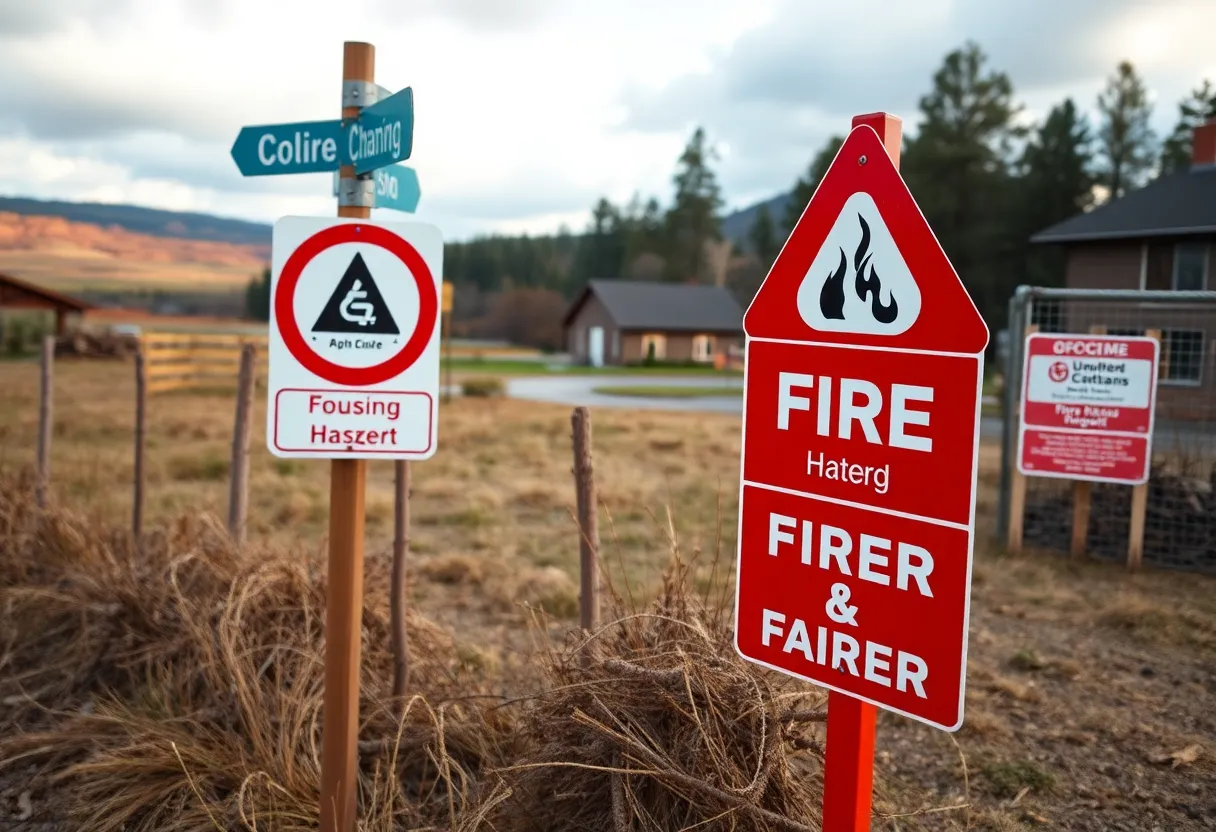 View of the proposed Harmony Grove Village South project site with fire safety signs.