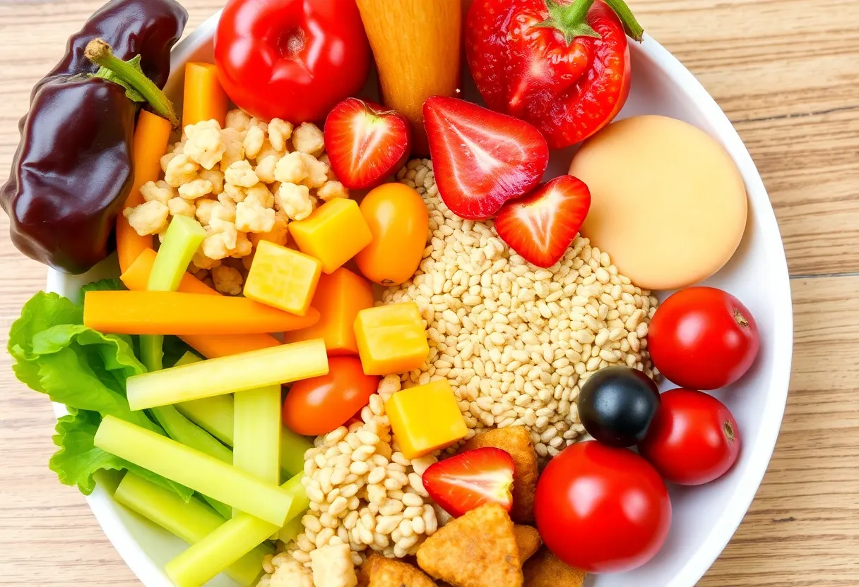A plate of healthy school lunch with fresh vegetables and fruits.