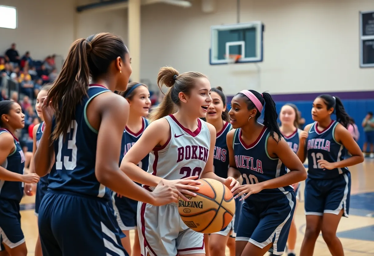 Female athletes engaged in a high school basketball game, showcasing teamwork and competition.