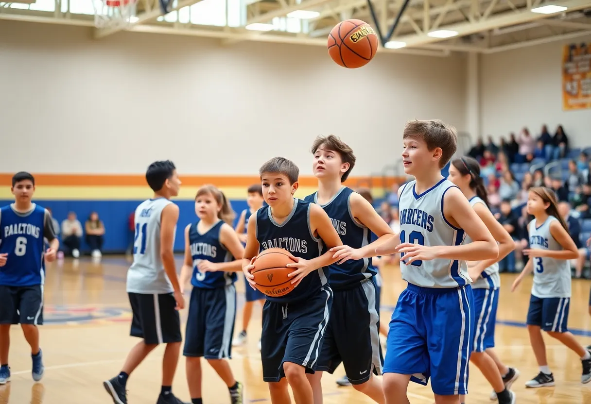 Players in a high school girls basketball game showcasing teamwork and skills.