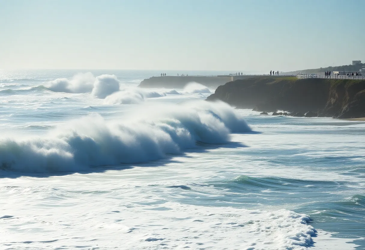 High surf waves crashing on San Diego beach