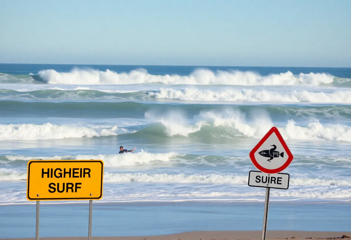 Coastal scene with high surf and warning signs