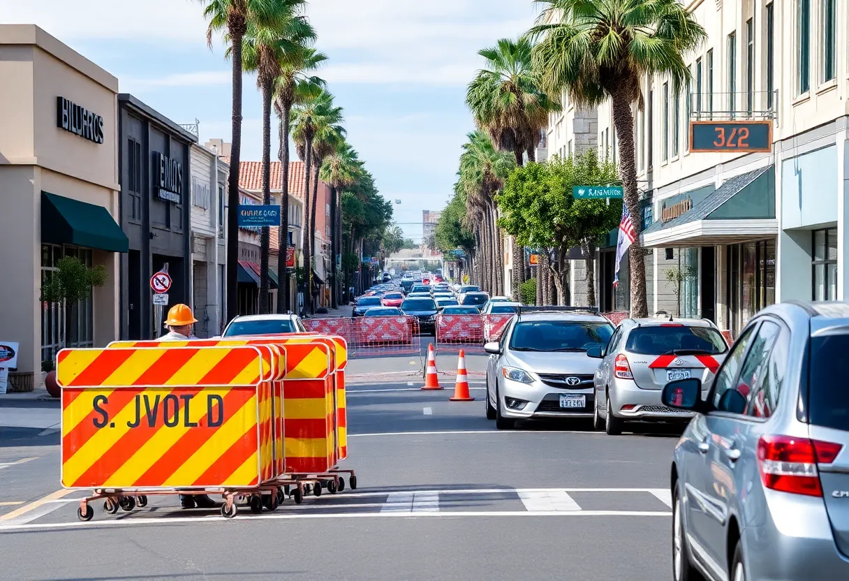 Construction barriers along Fifth Avenue in Hillcrest, San Diego affecting local businesses