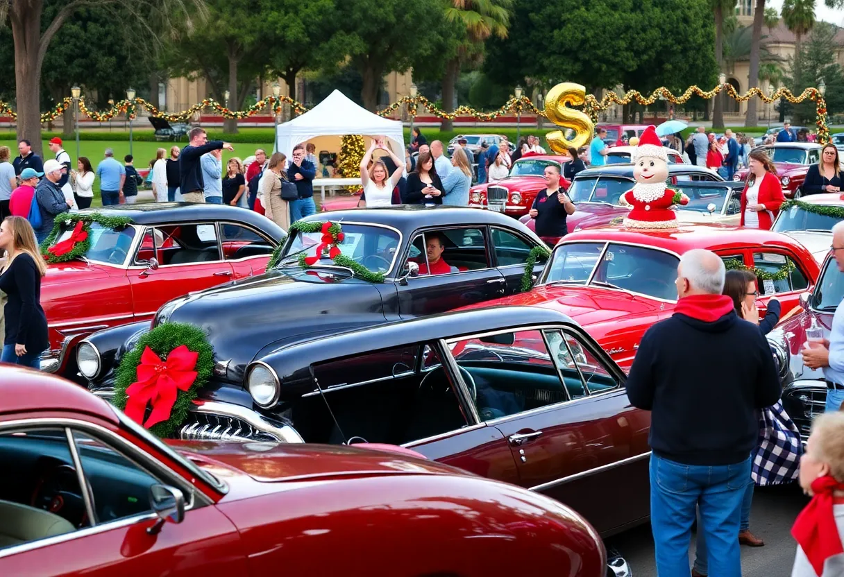 Car enthusiasts gather at the Holiday Cars and Coffee event in San Diego's Balboa Park.