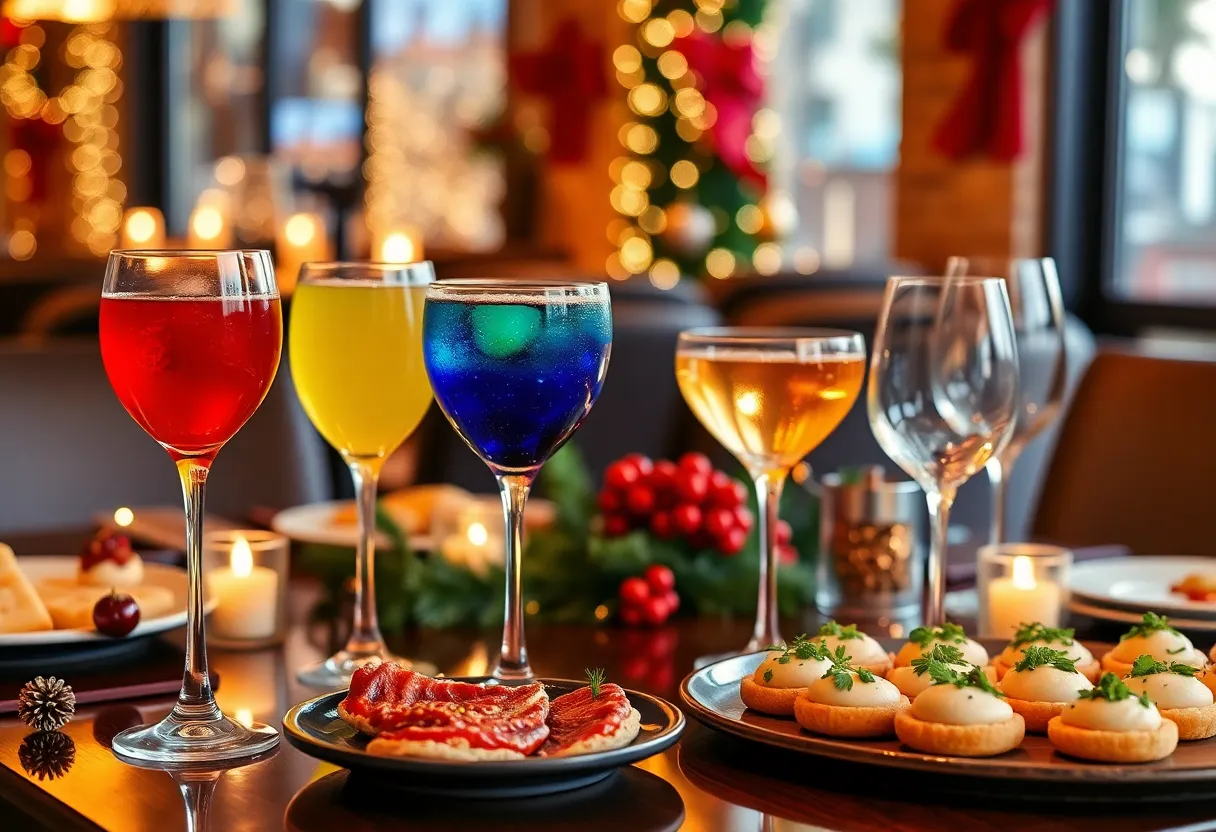 A variety of holiday cocktails and appetizers displayed on a festive table in San Diego.