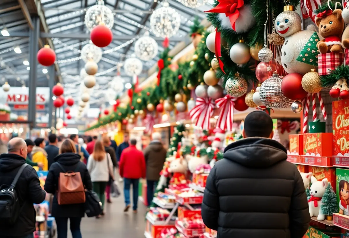 Shoppers at a holiday market in San Diego observing price increases on items due to tariffs.