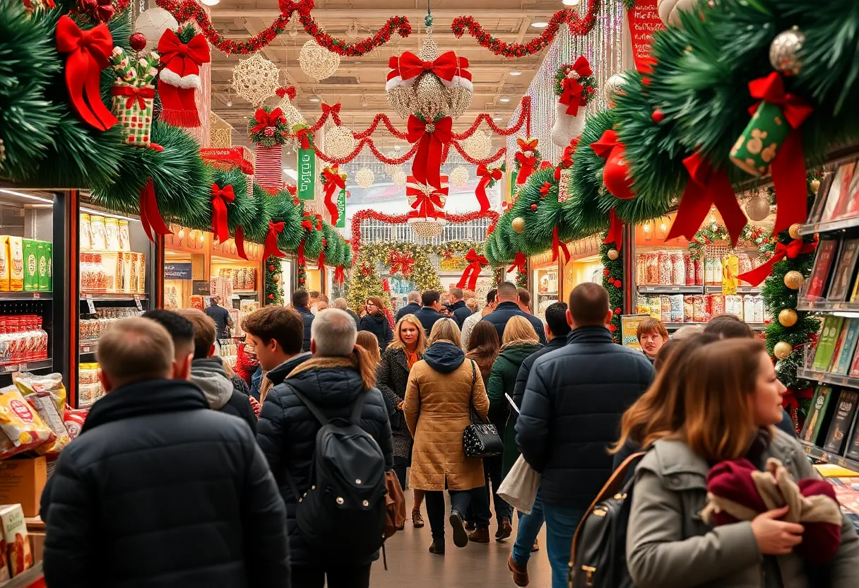 A diverse group of shoppers navigating through a holiday store decorated with lights and ornaments.