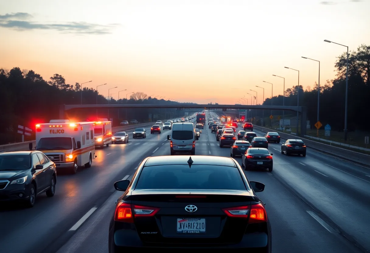 Traffic accident scene on I-805 with emergency response vehicles