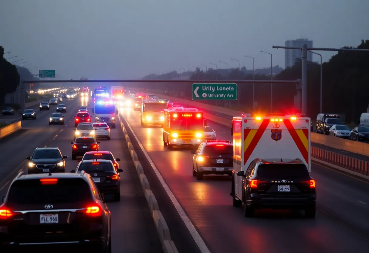Traffic congestion on I-805 with emergency vehicles present