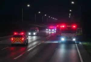 Emergency vehicles at a fatal crash site on I-805 near University Avenue