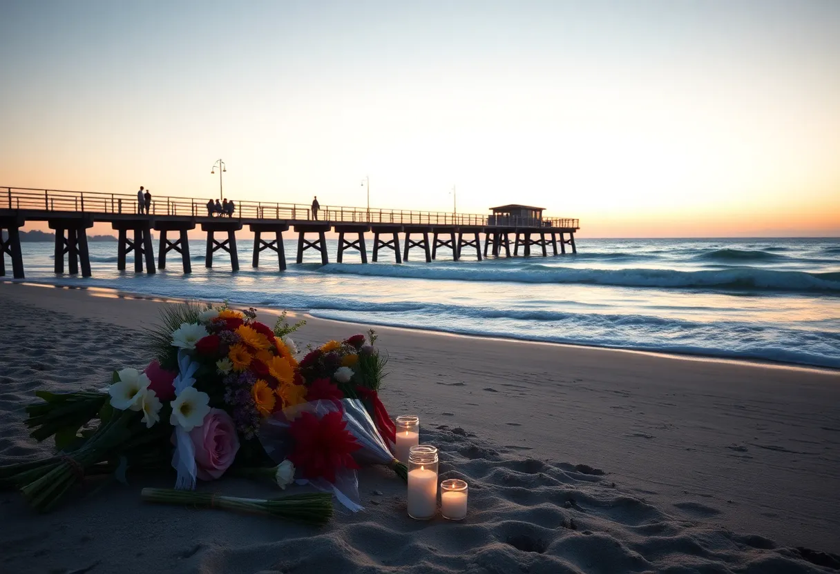 A memorial with flowers and candles at Imperial Beach Pier