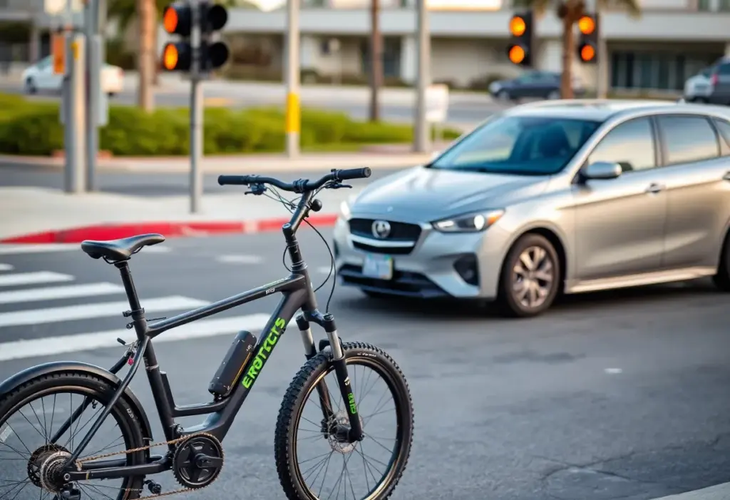 Electric bicycle and car at an intersection in Imperial Beach.