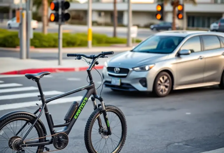 Electric bicycle and car at an intersection in Imperial Beach.