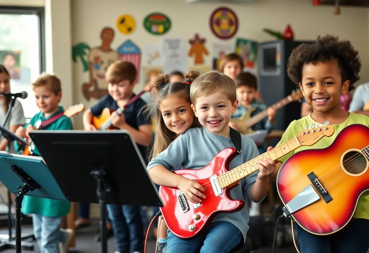 Aspiring musicians with special needs jamming together at a live music session.