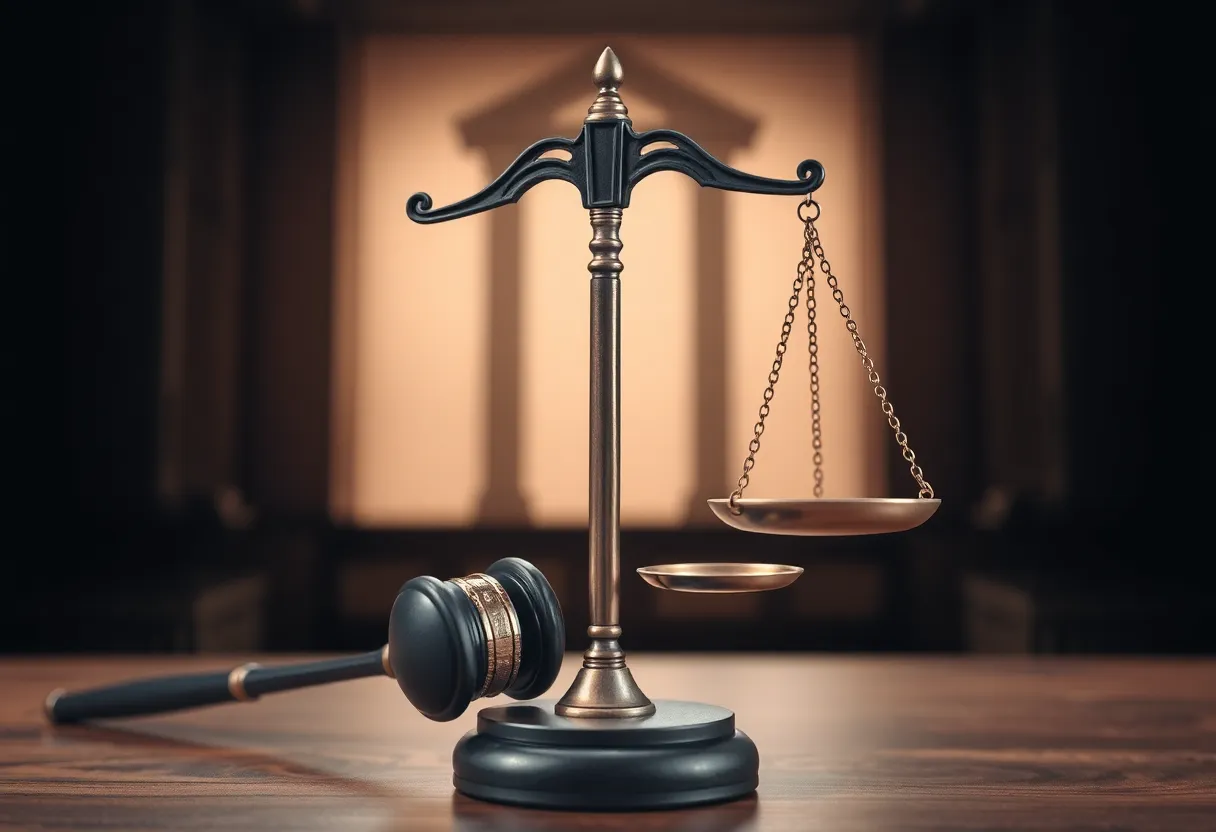 A gavel and scales of justice in a courtroom setting.
