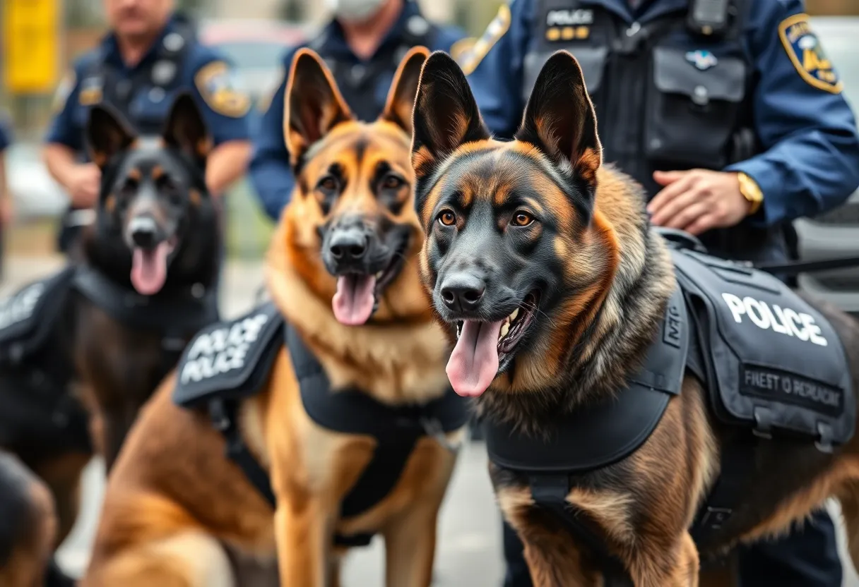 Police K-9 dogs wearing bulletproof vests during patrol
