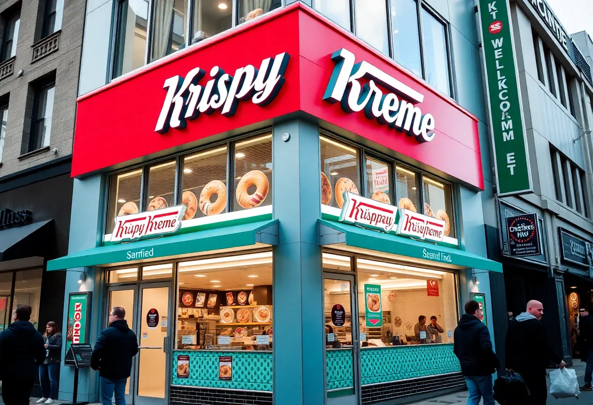 Exterior view of a Krispy Kreme store with colorful donuts on display.