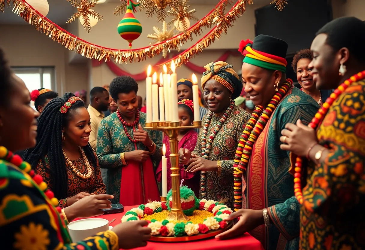 Community members participating in Kwanzaa celebration featuring traditional activities and cultural symbols.
