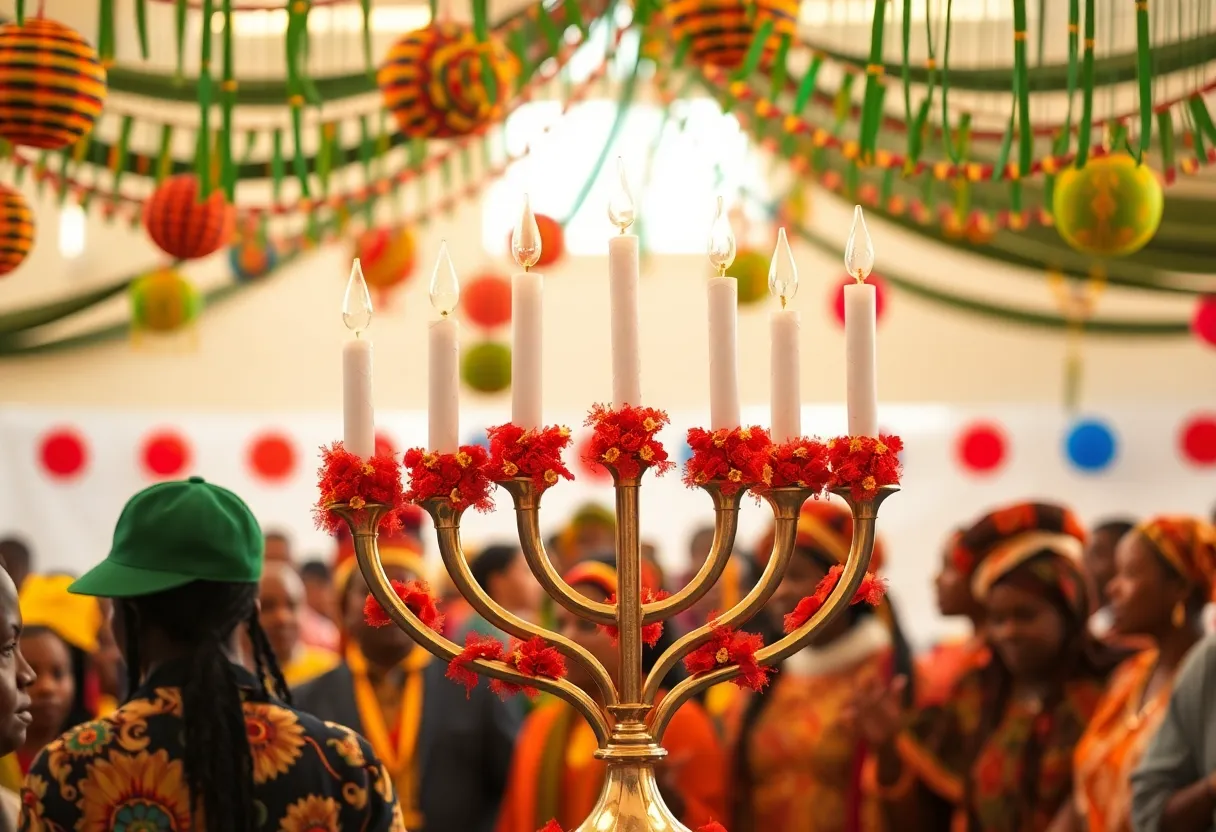 Community members celebrating Kwanzaa with cultural decorations and activities.