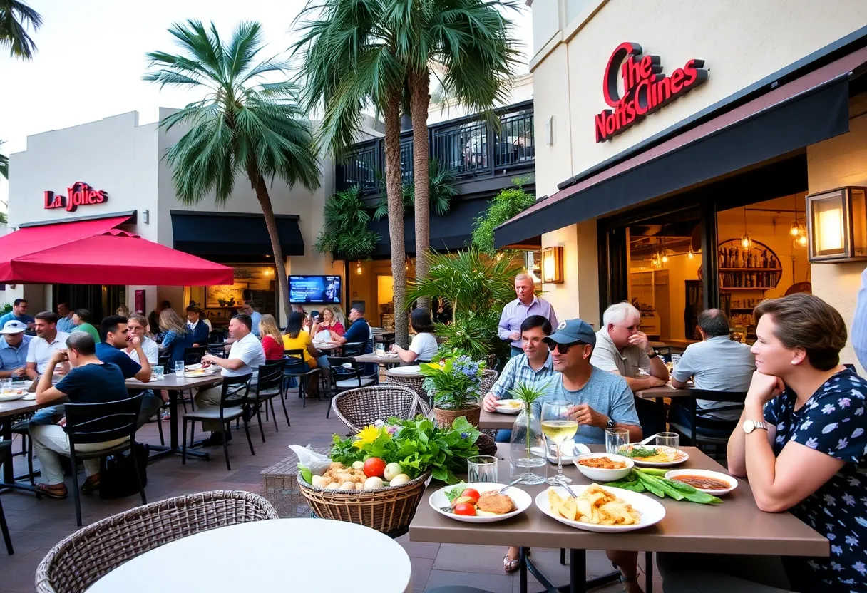 Vibrant dining scene with people enjoying food in La Jolla restaurants