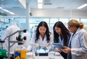 Researchers collaborating in a laboratory on drug development projects.