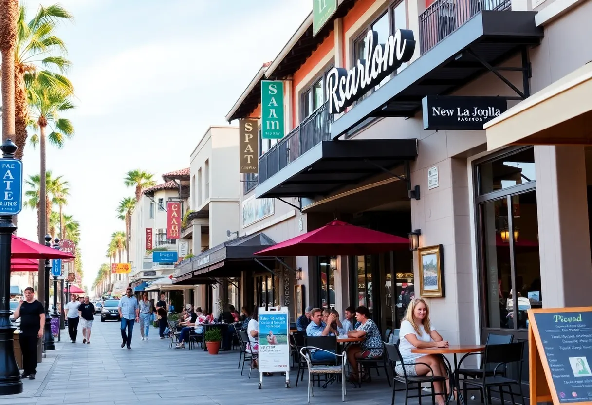 Outdoor dining scene in La Jolla with various new establishments